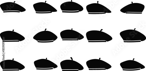 Collection of black berets in various angles on transparent background silhouette