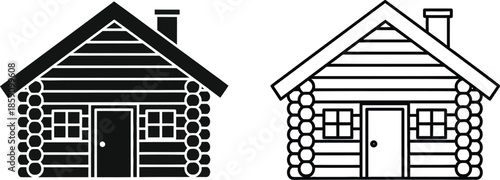 Two rustic log cabins illustration black and white design on transparent background silhouette
