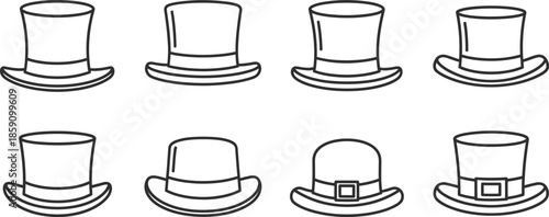 Collection of hand drawn top hats in various styles on transparent background silhouette