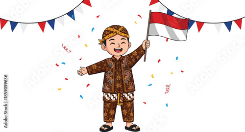 Cartoon Indonesian child in traditional batik costume celebrating Independence Day with flag, confetti, and festive decorations in vector illustration.