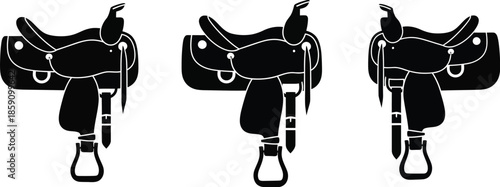 Three western horse saddle illustrations black and white on transparent background silhouette