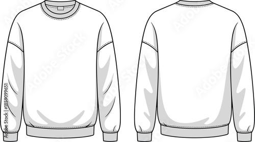 Sweatshirt template, front and back view, panel sleeve design, fashion flat sketch, garment mockup, apparel vector, crewneck