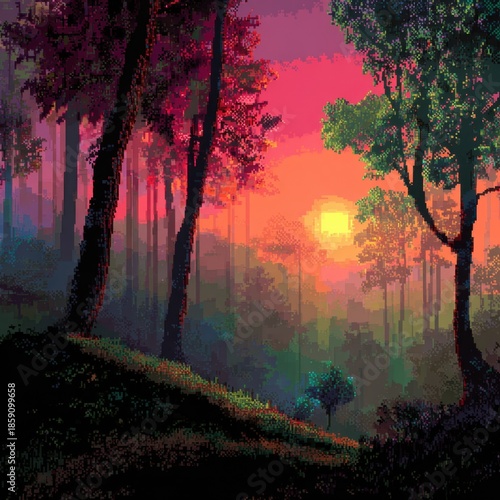 Pixel forest with sunrise light shining through colorful trees creating warm peaceful morning scene