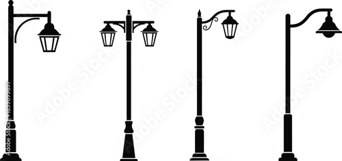 Four vintage street lamps in a row on transparent background silhouette