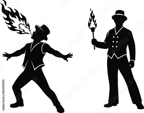 Fire breather and assistant performing a striking black silhouette on transparent background