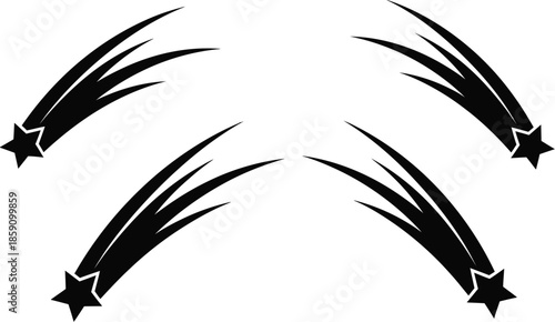 Four black shooting stars with trails on transparent background silhouette