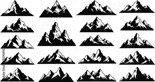 Collection of black mountain silhouettes varied peaks on transparent background
