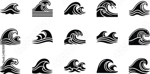 Collection of black wave designs in various shapes on transparent background silhouette