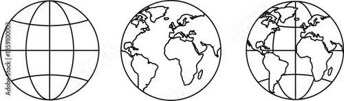 Three globe illustrations with continents and meridians on transparent background silhouette