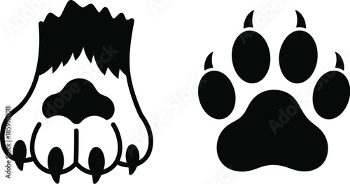 Two animal paw prints in black a distinctive silhouette on transparent background