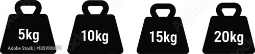 Four black weight bags with marked kilograms on transparent background silhouette