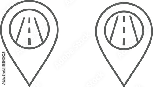 Two road location pin icons simple line art style on transparent background silhouette