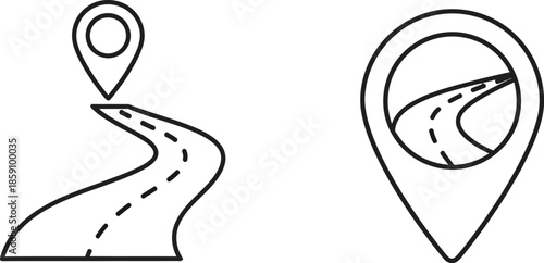 Road map location icons winding path and pinpoint silhouette on transparent background