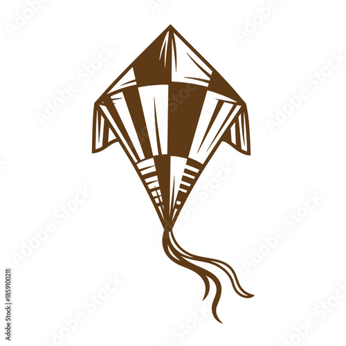 Vintage Brown kite flying in the air with long tail streaming behind it  recreational outdoor toy