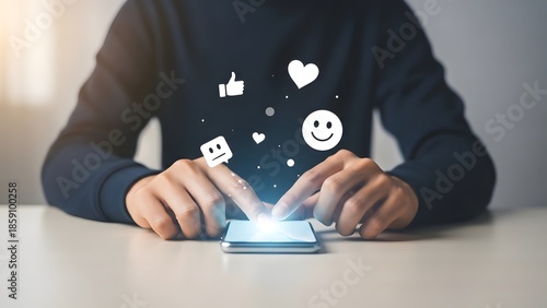 Person interacting with a smartphone displaying social media icons and glowing effects