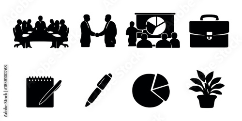 Silhouettes of business icon set: meetings, presentations, office essentials