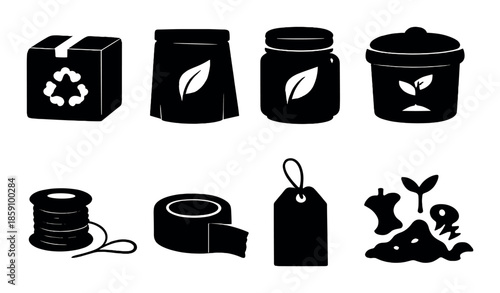 Eco-friendly packaging icons: recycle, compost, sustainable materials, zero waste