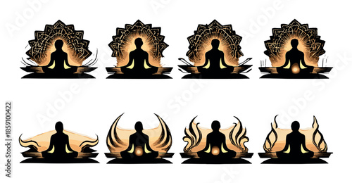 Silhouette meditation poses with glowing mandala backgrounds