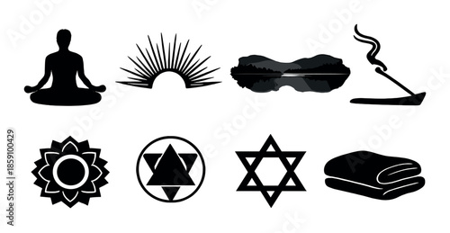 Meditation silhouettes and symbols: serenity, peace, balance, tranquility, nature