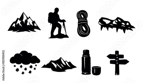 Silhouette icons of hiking and mountain gear on gray background