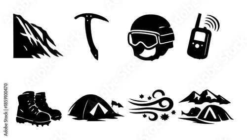 Mountaineering icons: helmet, ice axe, boots, tent, snow, mountain, radio