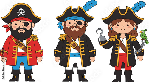 Cartoon pirate characters with hats, hook, parrot, eye patch, colorful costumes and beard, standing together for adventure and storytelling themes