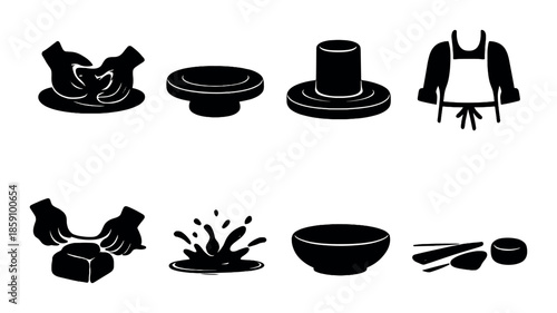 Monochrome cooking icons: bowl, chef hat, apron, chopsticks, splash