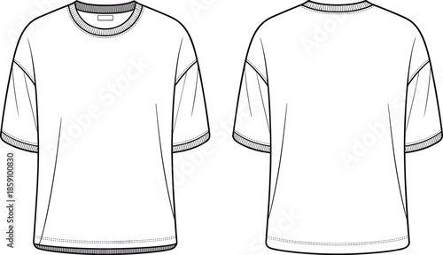 T-shirt technical sketch, fashion flat drawing, apparel design template, crew neck tee, garment vector, clothing illustration, production spec, outline