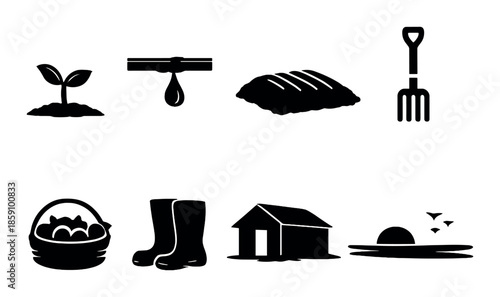 Silhouette icons of farming tools and agriculture elements
