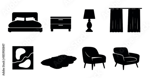 Modern minimalist bedroom furniture set with bed, lamp, curtains, artwork, and seating