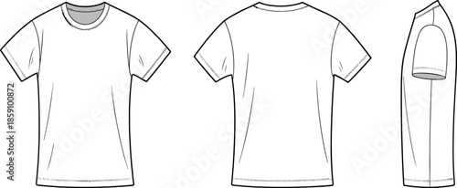 T-shirt technical sketch, fashion flat drawing, apparel vector template, garment construction view, clothing design outline, front back side