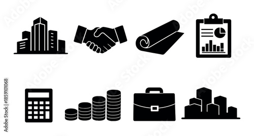 Monochrome business icons: buildings, handshake, blueprint, chart, calculator, coins, briefcase