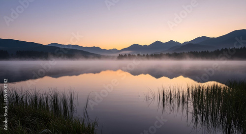 Sunrise Over Calm Mountain Lake with Morning Mist
