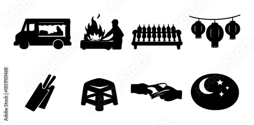 Shadow silhouettes of asian cultural icons and traditions