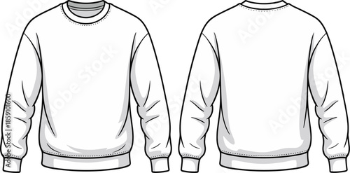 White sweatshirt template, front and back view, crewneck design, fashion flat sketch, garment mockup, apparel vector, long sleeve
