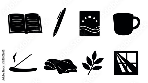 Cozy minimalist icons: book, pen, mug, incense, pillow, leaf, window