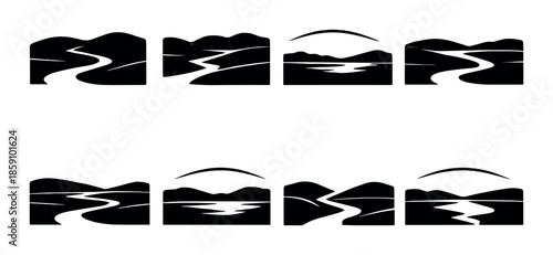 Abstract mountain and river silhouettes on gradient background