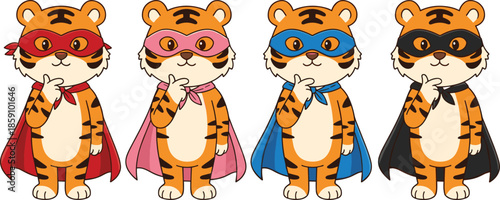 Cartoon superhero tiger characters in colorful masks and capes, standing pose vector illustration for kids, comics, and character design