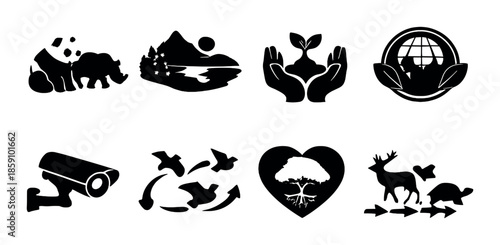 Black nature silhouettes: forest, wildlife, recycling and conservation icons