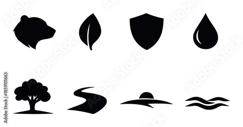 Black silhouettes: bear, leaf, shield, droplet, tree, road, sunset, waves