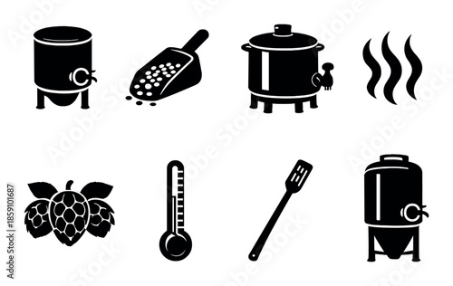 Brewing equipment icons: fermenter, grain scoop, kettle, steam, hops, thermometer, spatula, tank