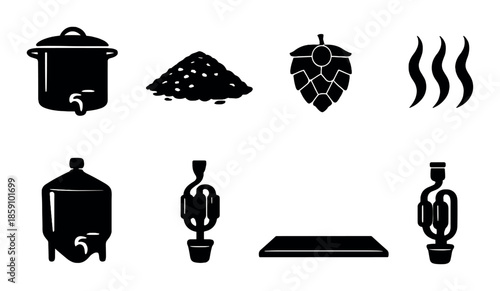 Beer brewing icon set: hops, grain, fermentation, equipment, steam symbols