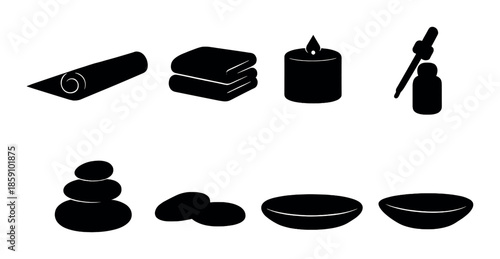 Silhouette of spa items: yoga mat, towels, candle, essential oil, stones, bowls