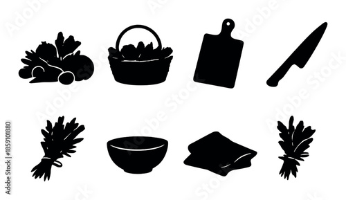 Silhouette of kitchen utensils and vegetables on gray background
