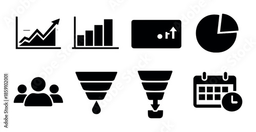 Business analytics icons: graphs, charts, teamwork, funnels, calendar