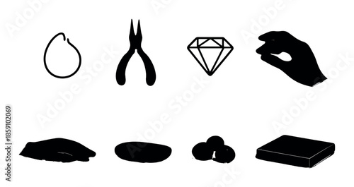 Silhouette icons: jewelry tools and materials for crafting diamonds and gems