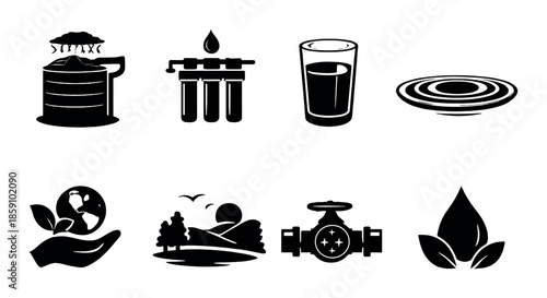Water conservation icons: tank, filter, glass, recycling, nature, valve, sustainability