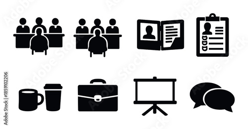 Silhouette icons: office, presentation, communication, id, coffee, briefcase