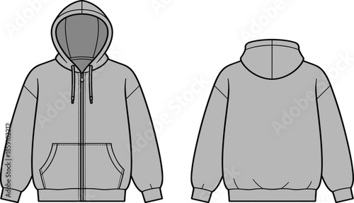 Zip hoodie technical sketch, front and back view, fashion flat drawing, garment template, sweatshirt illustration, apparel design, vector outline, ribbed cuffs