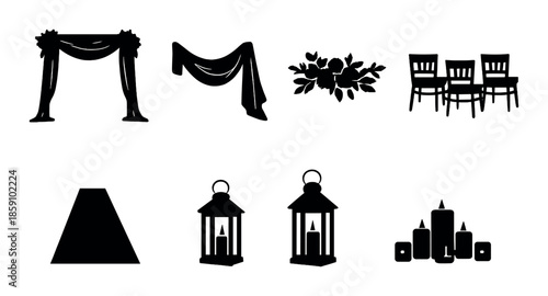 Elegant silhouette decor elements featuring lanterns, chairs, drapes, and floral arrangements